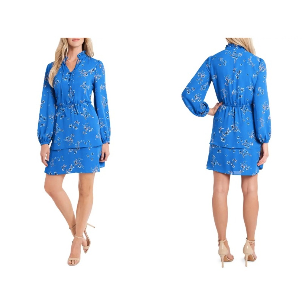 CeCe Dress Womens 0 Blue Floral Drop Waist Ruffled Mock Neck New $119